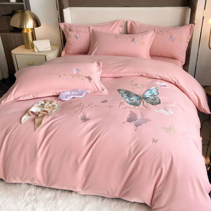 Light Luxury Brushed Butterfly Embroidery Four-Piece Sets Single Double Bedding Soft Duvet Cover Set Bed Sheet Pillowcases XJ260206
