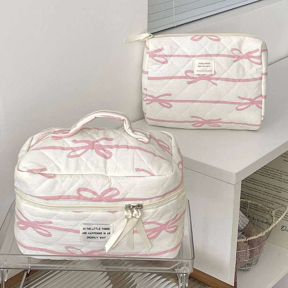 Pink Bowknot Women's Makeup Portable Tote Quilting Cosmetic Storage Pouch Handbag Make Up Large Cpapcity Zipper Mini Bag Y260206