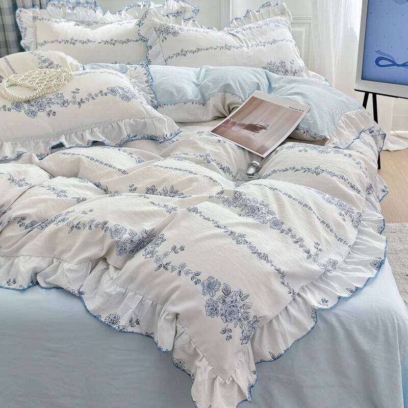 4pcs Korean lace Duvet 1*Duvet Cover +1 flat sheet + 2*Pillowcase, Without Core, Fresh Flower Print Bedding Set XJ260206