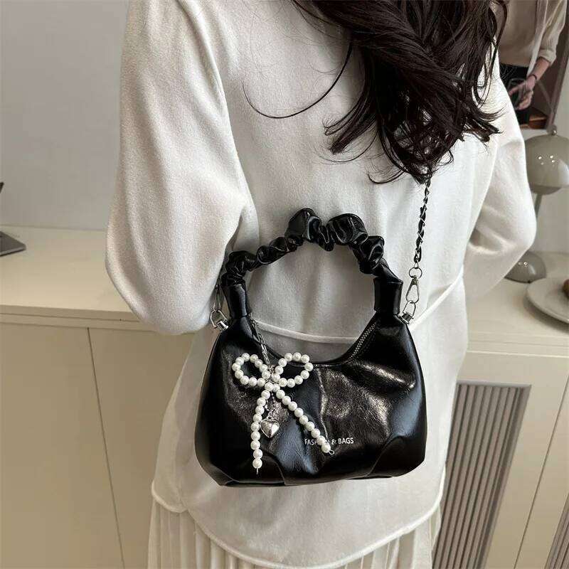 Hot Y2K New Underarm Bags for Women Pleated Handle Design Ladies Pearl Bow Handbag Adjustable Strap Shoulder Crossbody Bag Y260205