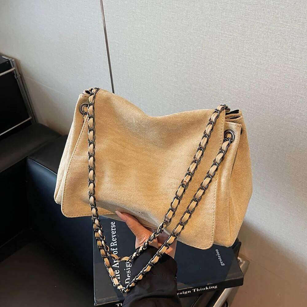 Women Vintage Suede Chain One Shoulder Bag Autumn Winter Solid Square Buckle Versatile Crossbody Bags Commute Underarm Packs Y260205