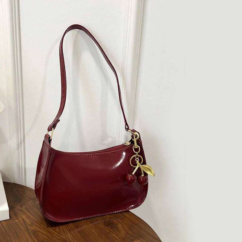 Women's PU Leather Handbag Versatile Fashion Solid Color Cherry Pendant Shoulder Casual Commuting Girl Underarm Bag Y260205