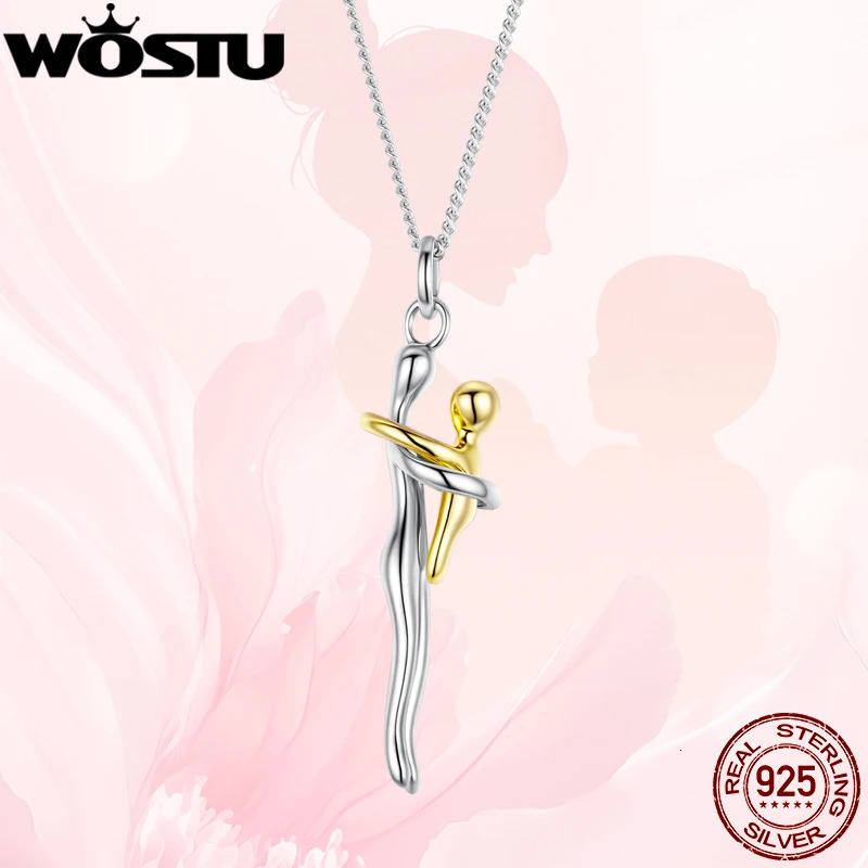 WOSTU Real 925 Sterling Silver Hug Embrace Pendant Necklace Silver Gold Two-tone Mom Child Pendant Family Gift Mom Jewelry 260124