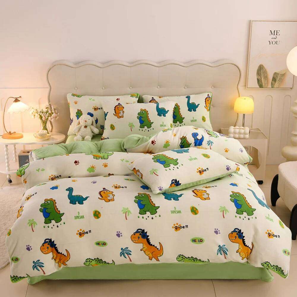 Cartoon Print Milk Velvet Soft Four-Piece Thickened Winter Warm Duvet Quilt Cover Bed Sheet Pillowcase Bedding Set XJ260206