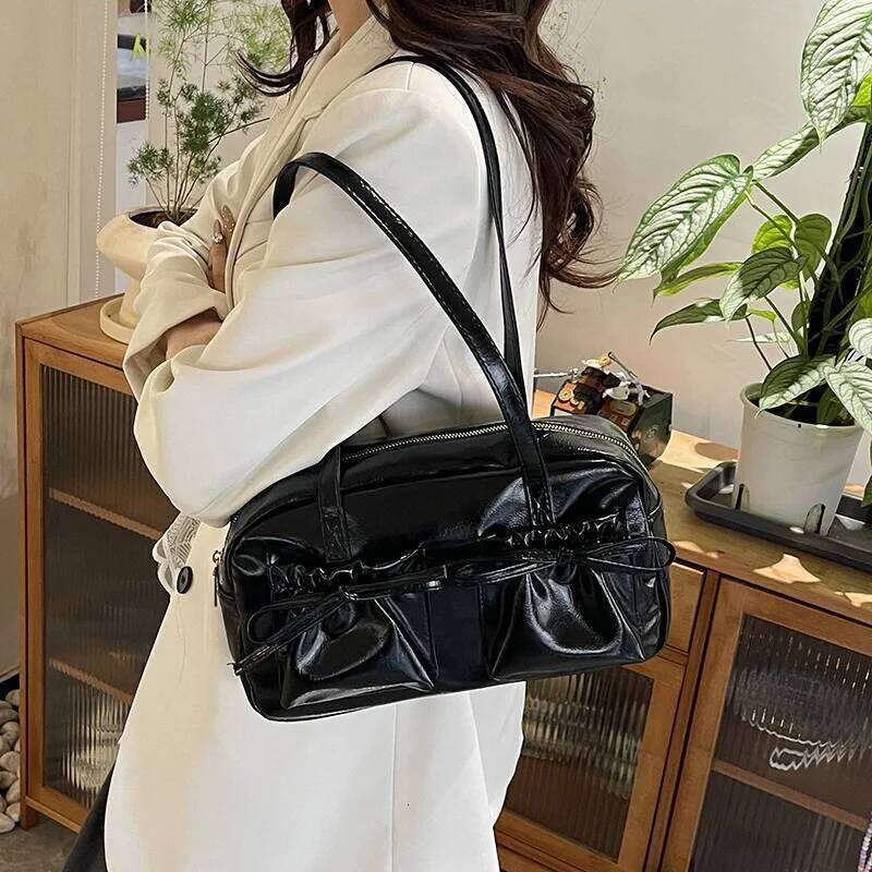 Sweet Bow Pleated Design Women Shoulder Bags Double-pocket Large Capacity Ladies Underarm Bag Solid Color Female Handbags Tote Y260205