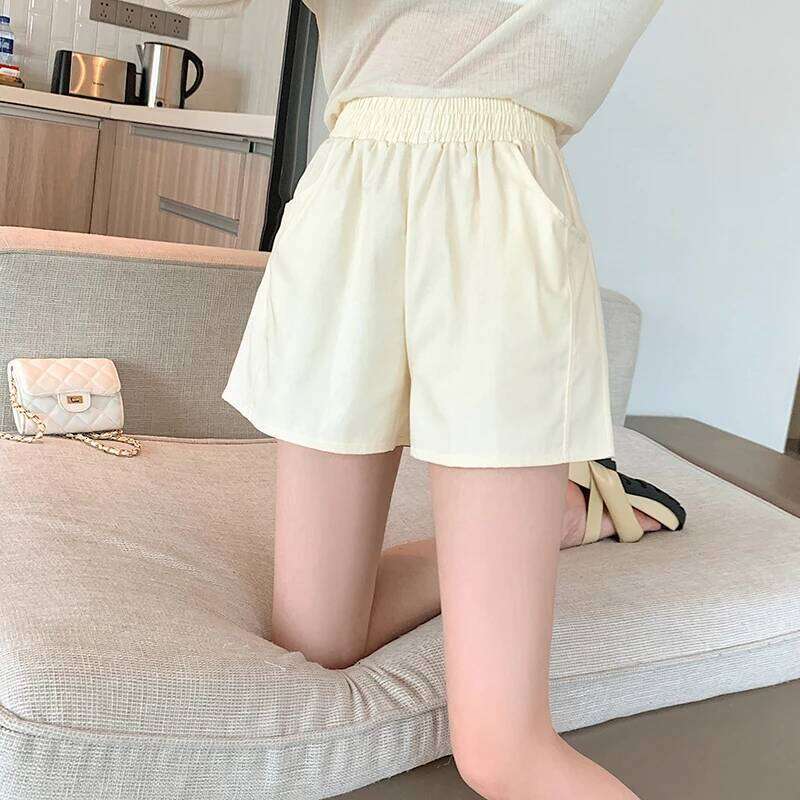 Summer Women's Pockets Elastic Solid Shirring High Waist Casual Sports Loose 5/4 Trousers Fashion Office Lady Vintage Shorts XJ260206