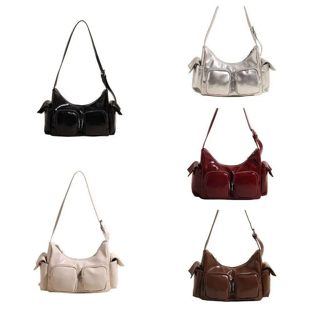 Y2K Pocket Crossbody Korean Style Adjustable Shoulder Strap PU Leather Underarm Bag Solid Color Zipper Handbag Women Y260205