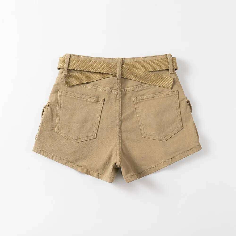 American Vintage Belt Trim High Waist Large Pockets Cargo Women A-line Long Legs Khaki Casual Shorts Hot Short Pant Chic XJ260206