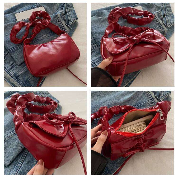 Soft PU Leather Women's Small Shoulder Bags Simple Ruched Design Ladies Underarm Bag Solid Color Bowknot Fashion Purse Handbags Y260205