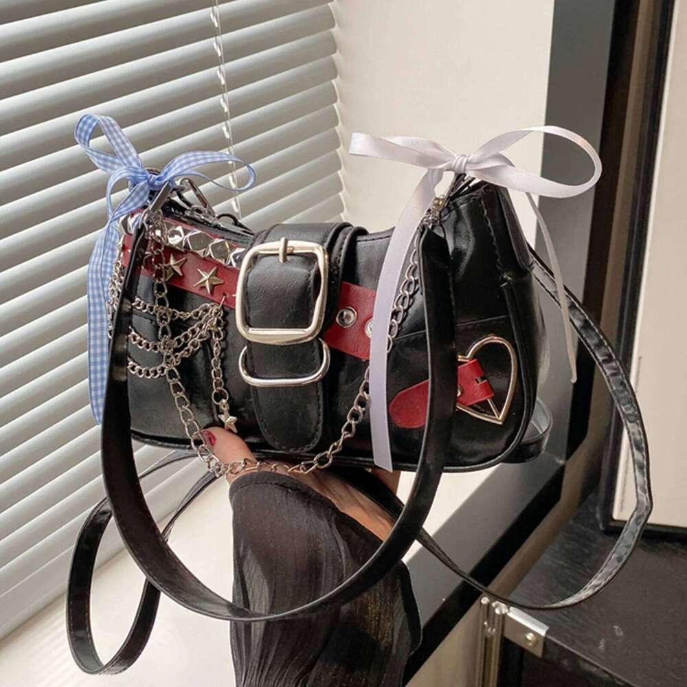 Women Y2K Hobo Shoulder Vintage Rivet Handbag Gothic Punk Small Crossbody Bags Fashion Bows Underarm Pouch Retro Armpit Bag Y260205