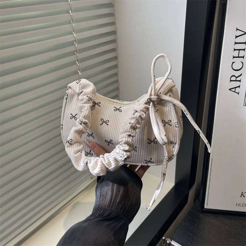 Casual Bow Women Corduroy Shoulder Bags Lightweight Portable Ladies Underarm Bag Saimple Female Pleated Strap Handbags Purse Y260205