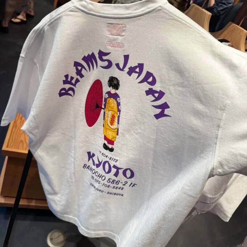 Japan Tokyo Street Cotton Fashion Beams Tshirt White Kimono Girl Print Letter Round Neck Top Casual Loose Men Women Short Sleeve X260207