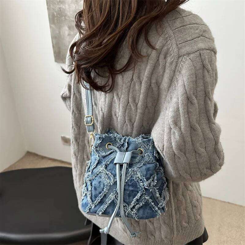 Mini Style Denim for Women Stylish Drawstring New Bucket Cell Phone Bag, Versatile Women's Shoulder Cross Bags Y260205