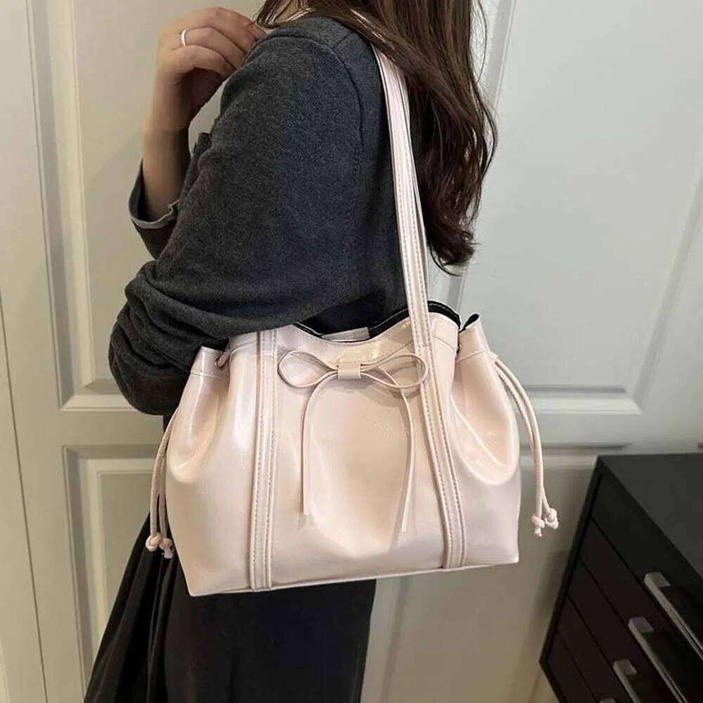 Solid Color Texture Tote Magnetic Button Ribbon Bow PU Shoulder Bag Large Capacity Korean Style Lady Underarm Pouch Travel Y260205