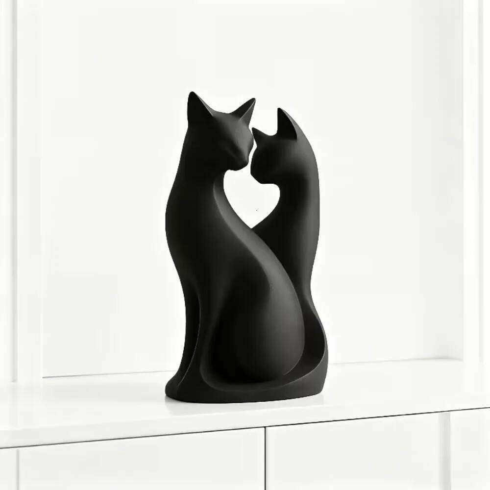 3D Printed Couple Cat Statue - Cute Black Abstract Modern Home, Valentine's Day Gift Suitable for Office Desk Decoration S260204