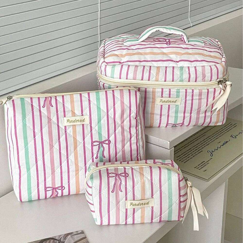 Personality Stripe Bowknot Women Cosmetic Portable Simple Quilting Bag Pouch Travel Large Capacity Makeup Storage Handbag Y260206