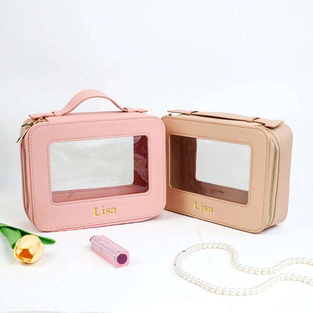 Customized name leather waterproof makeup brush bag, portable transparent PVC TPU storage bag Y260206