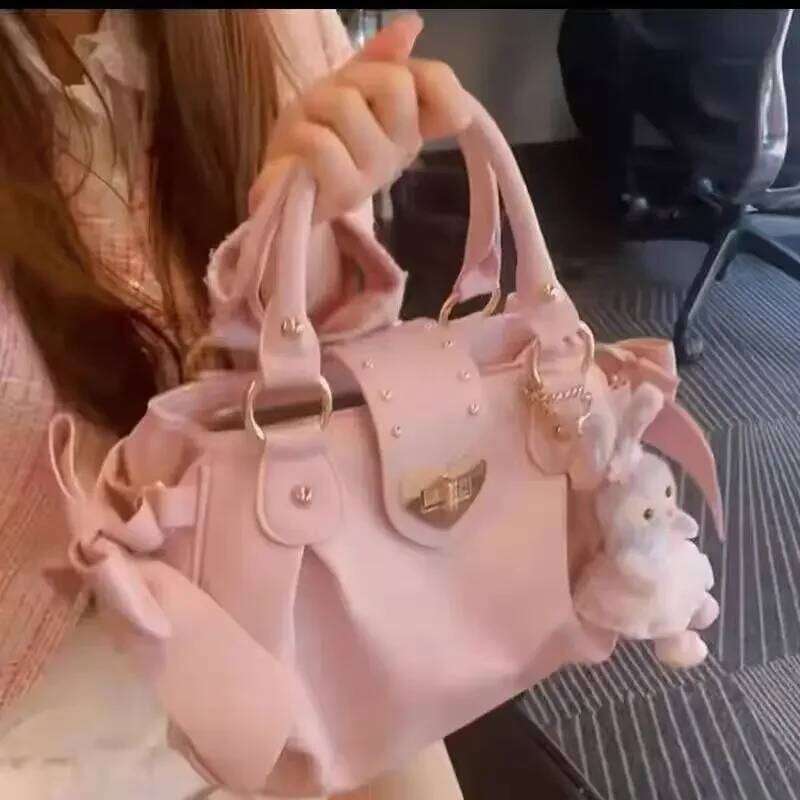Sweet Bow Lolita Pink Hand Purse Women Harajuku Love Heart Soft Crossbody Lady Kawaii Large Capacity Shoulder Bag Female Y260204