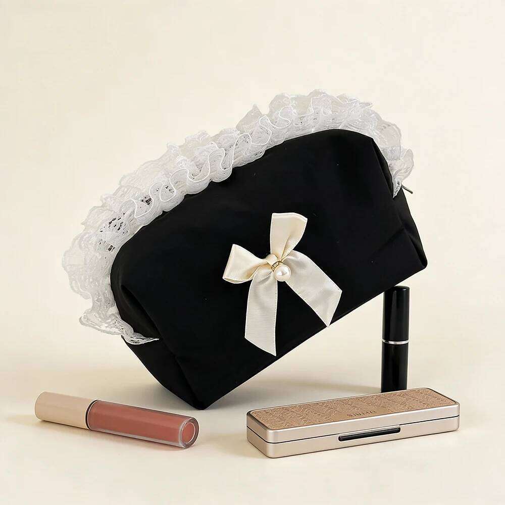 Lace Bow Pearl Mini Organizer Women's Bags Makeup Cute Lipstick Pouch Skincare Small Cosmetics Bag Y260206