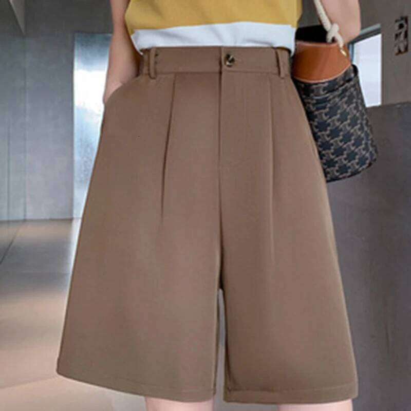 Solid Pleated Suit for Women Elastic Waist Loose Straight Shorts Summer Office Ladies Short Wide-Leg Pants Female XJ260206