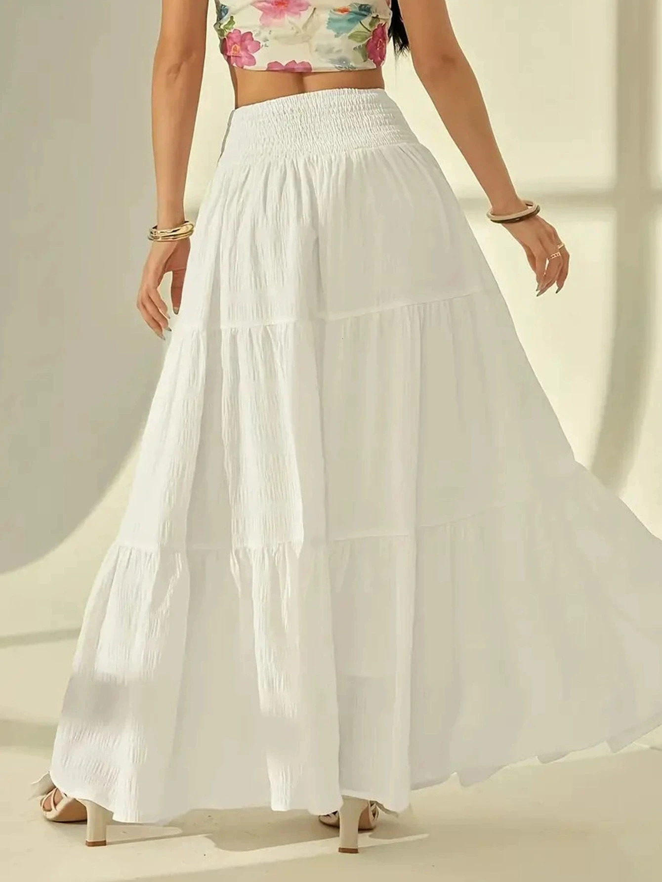 Women Fashion Tiered Maxi Skirt Elastic Waist Casual Solid Color Aline Faldas Mujer Holiday Streetwear Long Jupes 260202