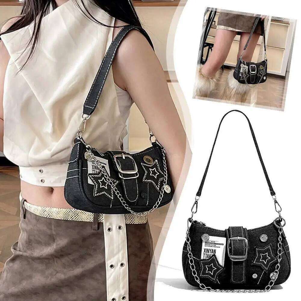 Y2K Star Embroidery Denim Shoulder Millennium Cowboy Underarm Purse, Button Decor Small Crossbody Bag, Cute Canvas Handbag Z260207