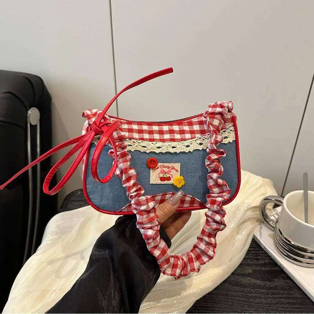 Woman Fashion Lattice Shoulder Bow Denim Lovely Underarm Bag Pleated Drawstring Design Daily Commuting Handbag Z260207 - view 6