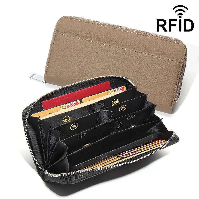 Fashionable Long RFID Leather Women's Wallet, Large Capacity Multi Slot Phone Bag, Zipper Closure, Multi-pocket Hand-held Wallet Y260206
