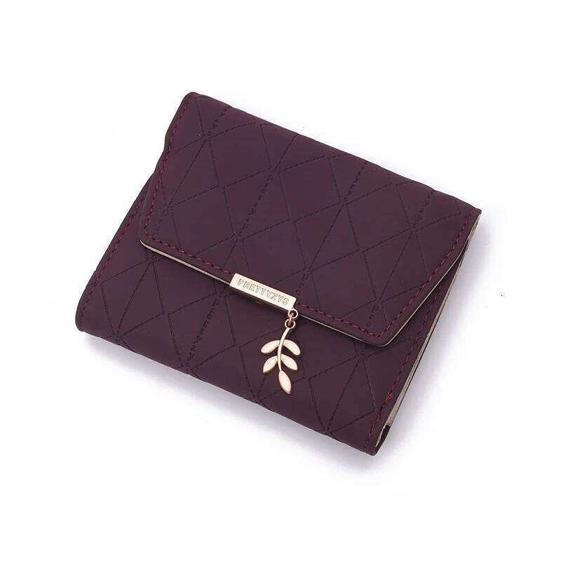 New style women's short purse, fashionable and versatile, PU checkered three-fold bag with personalized leaf pendant, student co Y260206