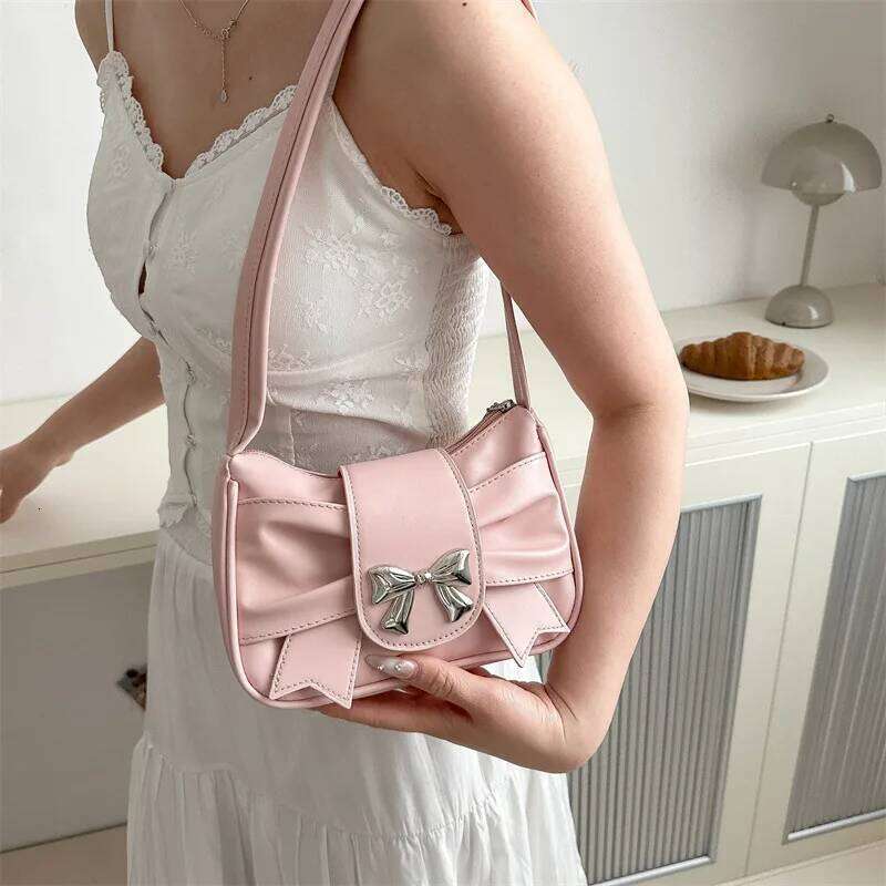 Sweet Bow Small Underarm Bag for Women Fashion PU Leather Ladies Portable Shoulder Bags Solid Color Female Clutch Handbags Y260205
