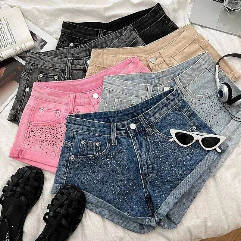 Retro Fashion Rhinestone Denim Shorts Women Pink Summer New A-Line Wide Leg Jeans Ultra Short For Hot Girls Bottoms XJ260206
