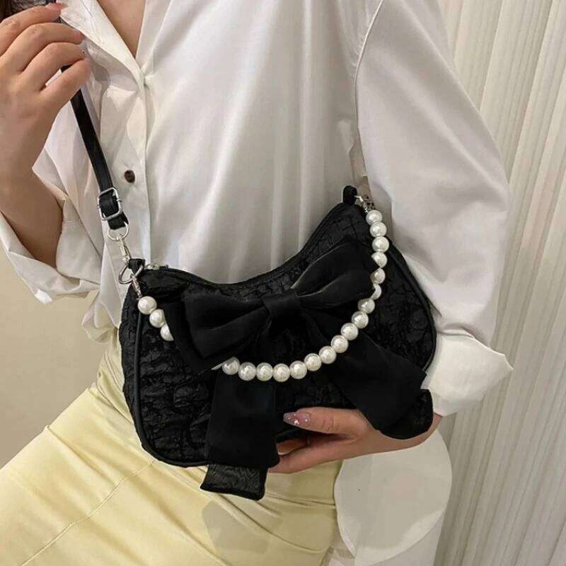 Women Retro Bow Single Shoulder Crossbody Bag Fashion Pearl PU Purse Handbag Y260205