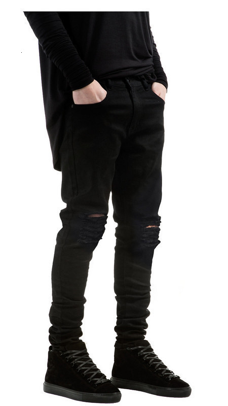 Denim high street fashion brand pure black slim fit small foot elastic jeans mens slim fit 240816
