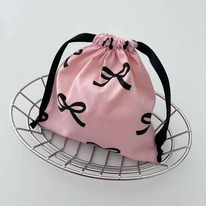 Women Sweet Kawaii String Makup Girl Korean Bow Printed Mini Drawstring Bag Cosmetic Storage Pouch Y260206