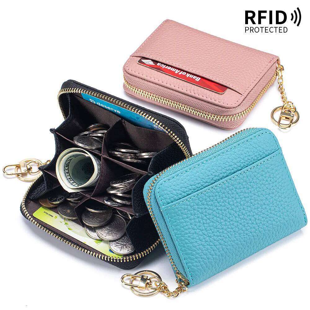 RFID Blocking Women's Bag Zipper Multi Slot Pocket Cowhide Credit Card Holder Soild Color Luxury Genuine Leather Coin Purse Y260206