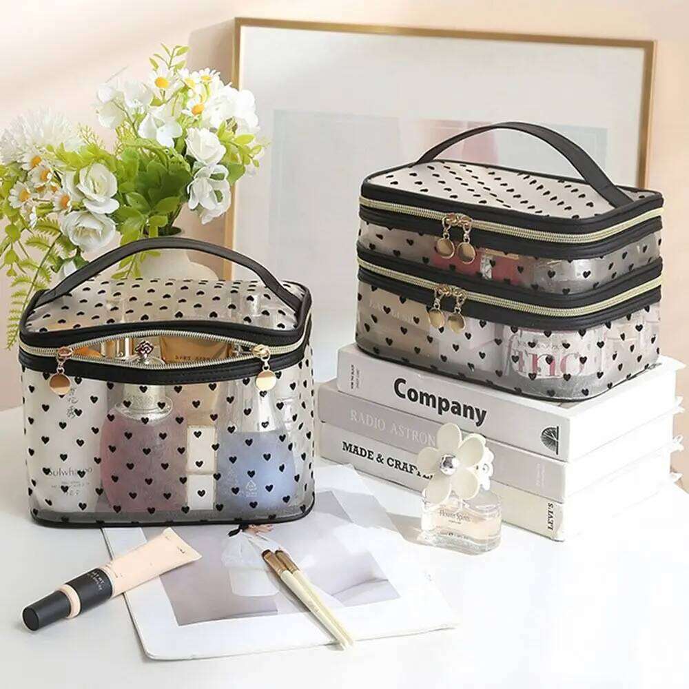 Double/Single Layer Mesh Love Makeup Black Heart Printed Large Capacity Women Toiletry Bag Transparent Zipper Y260206