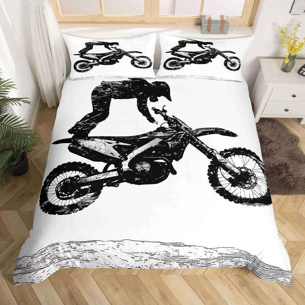 3pcs Cool Motorbike Bedding Set Dirt Bike Duvet Twin Motocross Rider Comforter Cover Extreme Sports For Boys Adults XJ260206