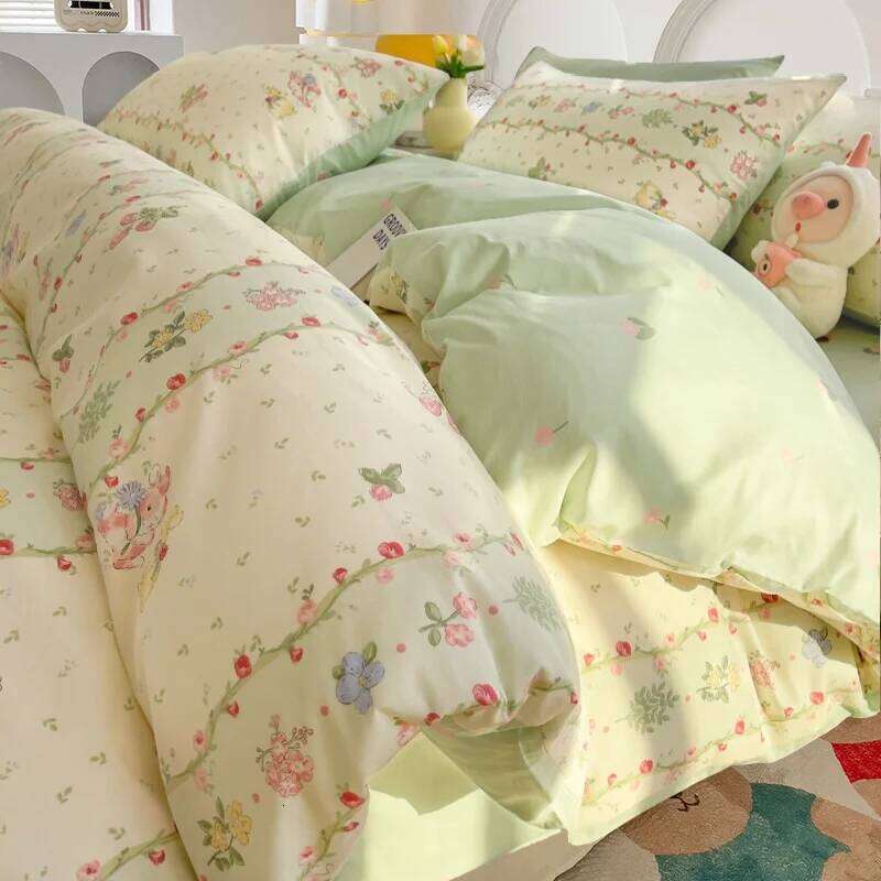 Cute Rabbit Bedding Set New No Filler Ins Floral Duvet Flat Sheet Pillowcases Twin Queen Size Girls Boys Comforter Cover XJ260206