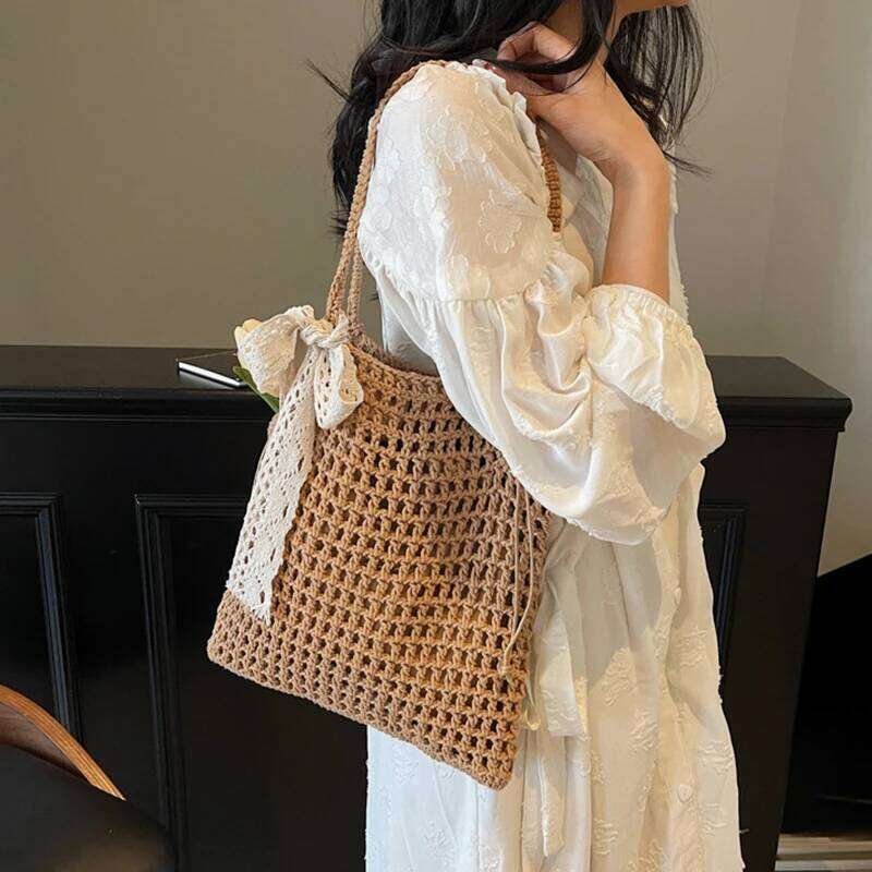 Crochet Lace Bow Tote for Women Summer Beach Handbag Large Capacity Hollow Out Knitted Bags Bohemian Woven Shoulder Bag Y260205