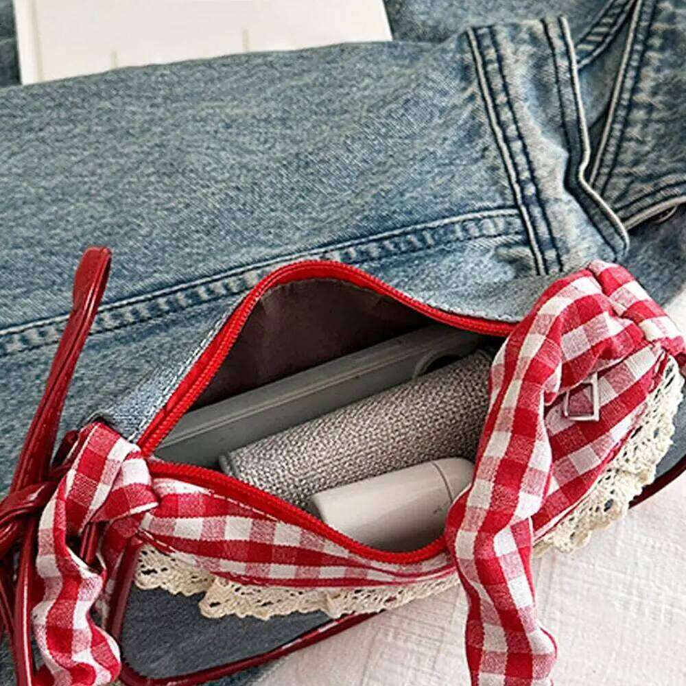 All-match Sweet French Stick Handbag Denim Blue Bow Plaid Shoulder Bag Large Capacity Lace Ribbon Cloth Underarm Bags Daily Z260207 - view 6
