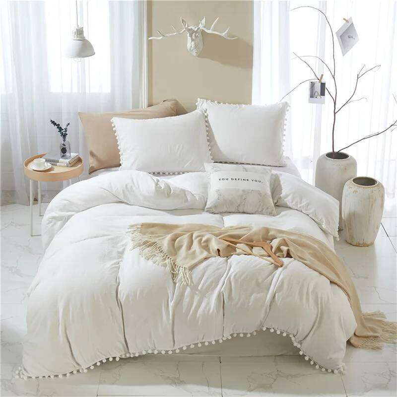 Solid color wash ball tassel Duvet deluxe extra large bedding double bed full set quilt cover XJ260206