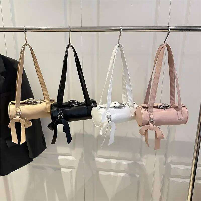 Trendy Cool Bowknot Tubular Cylindrical PU Shoulder Girly Handbag Armpit Bag Women Fashion Design Sense Commuter Bags Gifts Y260205