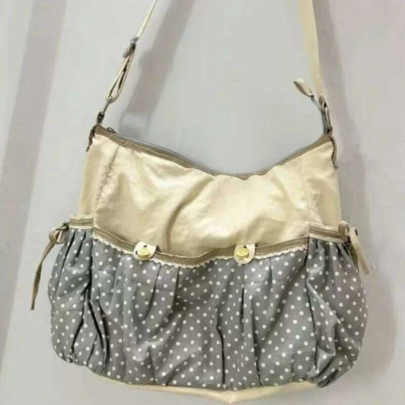 Japanese Retro Polka Dot Bow Tote Women Patchwork Large Capacity Shoulder Ladies Harajuku Sweet Cute Crossbody Bag Chic Y260205