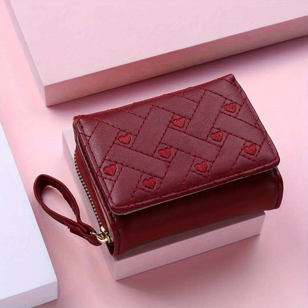 Embroidered Love Women's Short Zero Wallet Kawaii Cute Leather Large Capacity Multi Card Holder Versatile Fashion Simple Purse Y260206