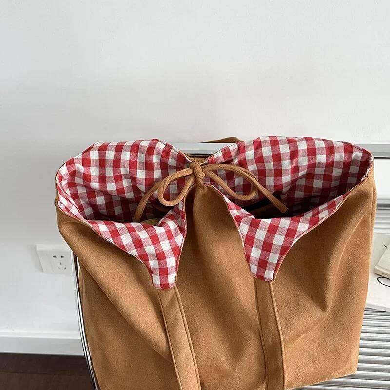 Large Capaci Plaid Canvas Women's Suede Fleece Single College Students Notebook Class Tote Bag Christmas Gifts 2025 Y260205