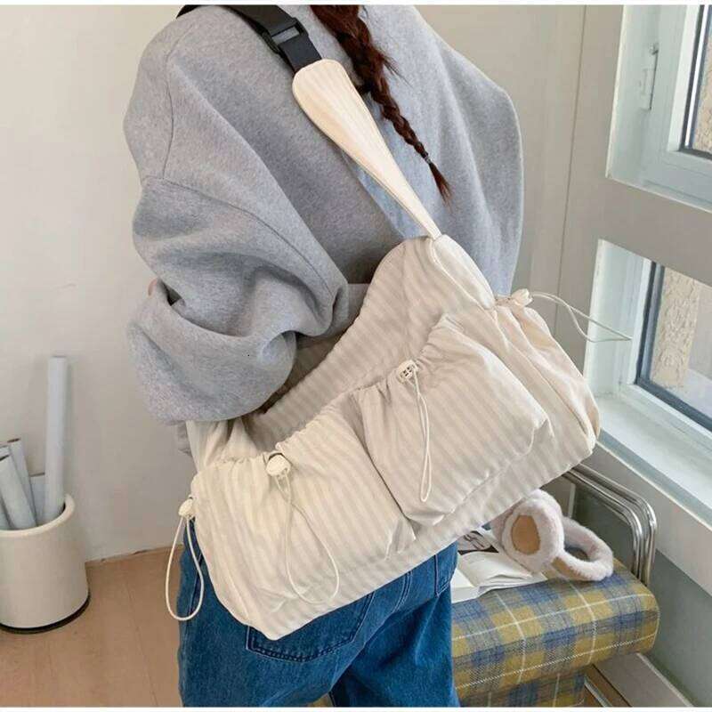 Korean Nylon Fashion Simple Plaid Zipper Tote Drawstring Pleated Cloud New Commuter Crossbody Shoulder Bag Z260207
