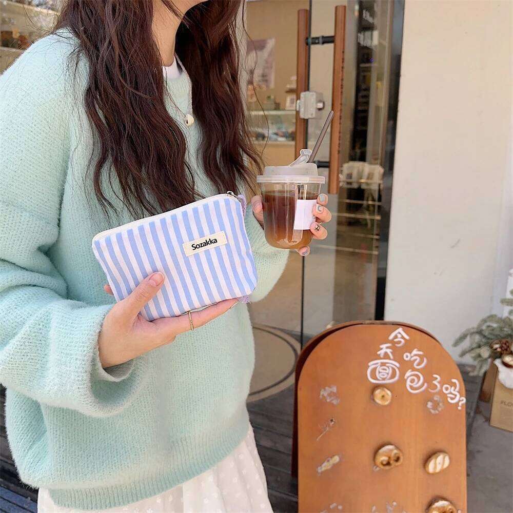 Small Cosmetic Make Up Bag Mini Canvas Striped Organizer Bags for Women Lipstick Makeup Children Cute Purse Coin Pouch Case Y260206