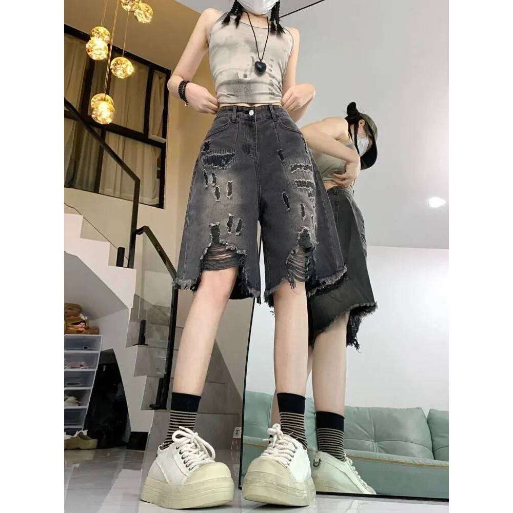 American Vintage Hole Denim For Women Summer High Waist Wide Leg Shorts 2025 New Loose Straight Five-point Pants XJ260206