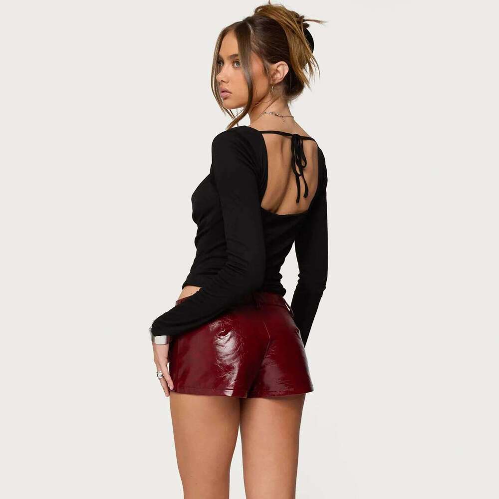 Sexy Red PU Leather Booty Women Low Waist Straight Casual Shorts XJ260206