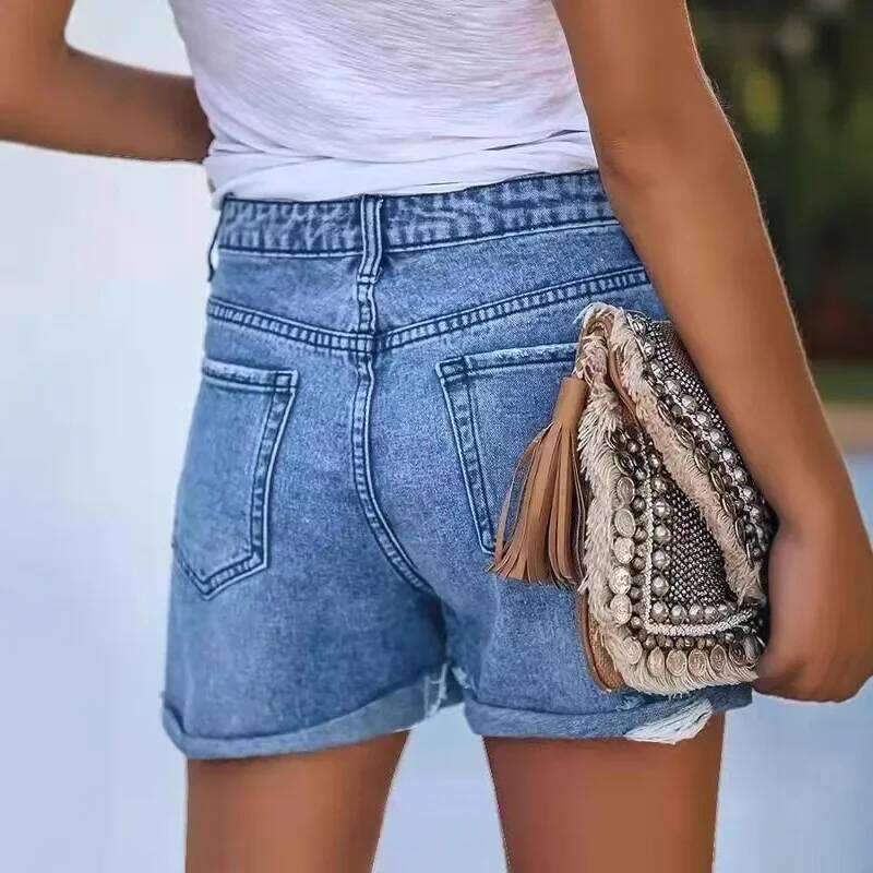 Urban Commuter Washed Ripped Denim Shorts.New Summer Fashion Straight-leg Rolled Edge Casual and Mid-waist Short Jeans for Women XJ260206
